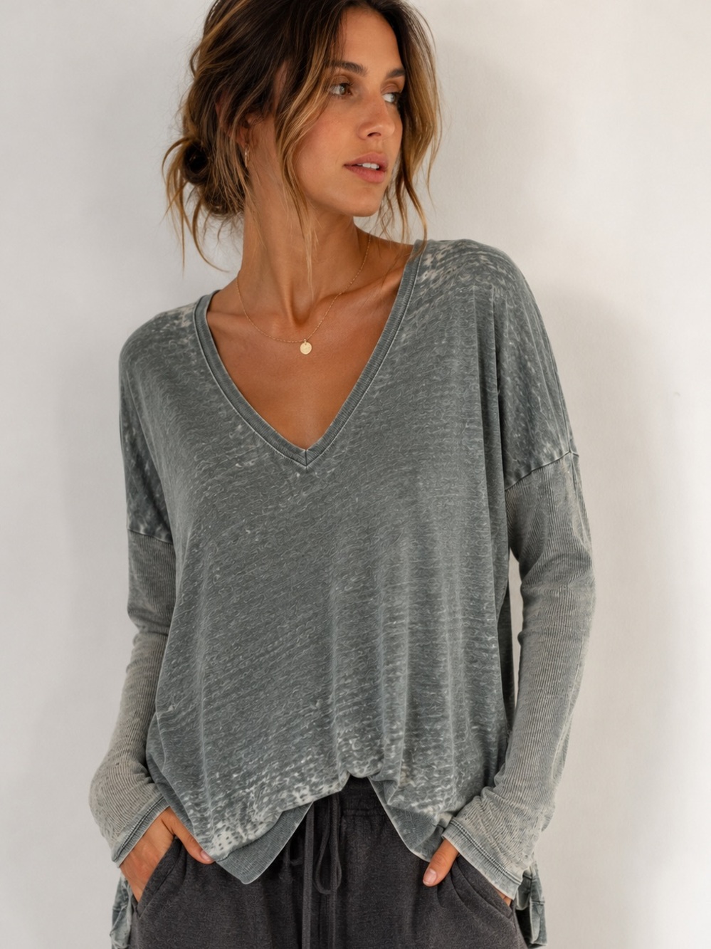 American Vintage Burnout Slouchy Knit Top Sage Green M/L